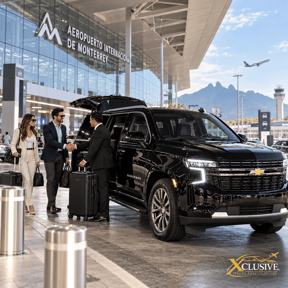 Chofer recibiendo a una pareja con equipaje frente al Aeropuerto Internacional de Monterrey